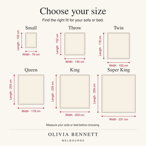Olivia Bennett Melbourne blanket size guide: Small 76 x 102 cm, Throw 140 x 152 cm, Twin 152 x 178 cm, Queen 178 x 203 cm, King 203 x 229 cm, Super King 231 x 259 cm.