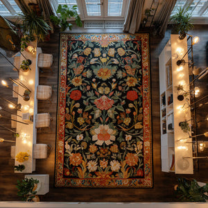 Baroque Meadow Area Rug – an ornate floral centre framed by a richly patterned border in warm earthy colours