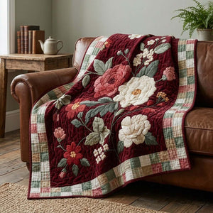 Burgundy Botanicals Quilted Blanket – burgundy roses and leafy details across a cream patchwork-style design