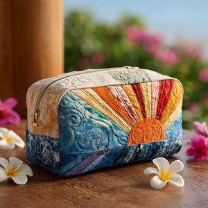 Chill Wave Quilted Toiletry Bag – a golden sun rising over a curling blue wave, with colourful rays overhead