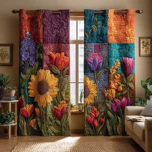 Floral Haven Quilted Curtains – large garden flowers in richly coloured patchwork-style panels