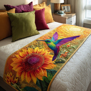 Hummingbird Garden Quilted Bed Runner – a colourful hummingbird among bright sunflowers and garden blooms