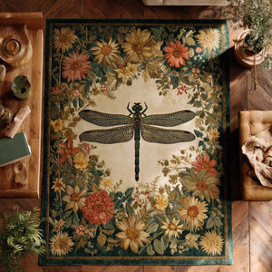 Meadow Wings Area Rug – a dragonfly surrounded by flowers and leafy details in cream and warm earthy tones