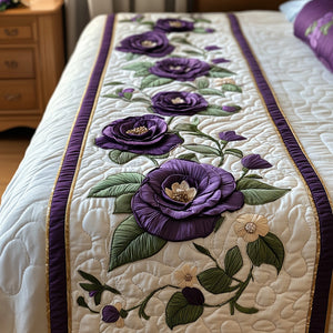 Rose Garden Quilted Bed Runner – purple roses and leafy stems arranged across a light cream ground