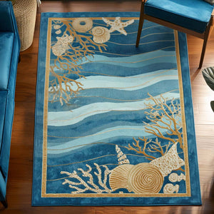 Sea Treasures Area Rug – rolling blue waves framed by shells and coral-like details in sandy cream