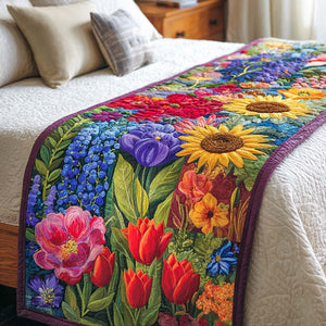 Spring Meadow Melody Quilted Bed Runner – a bright border of garden flowers against a light background