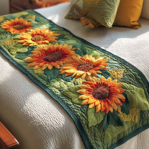 Sunlit Garden Path Quilted Bed Runner – golden sunflowers and green leaves arranged along a garden-inspired design
