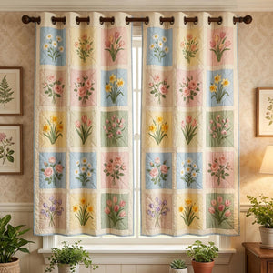 Wildflower Calm Quilted Curtains – soft pastel flowers arranged in light, cream-coloured panels