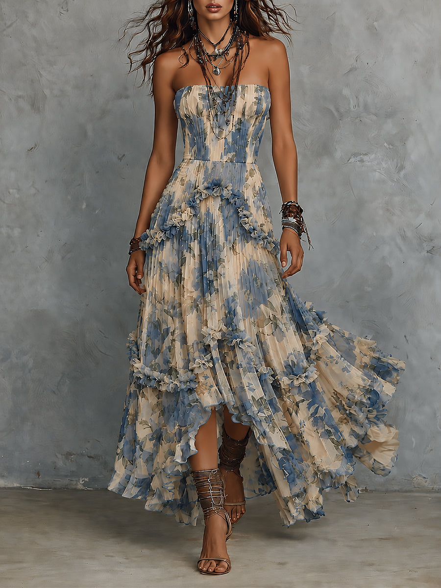 Elegant strapless printed chiffon maxi dress with ruffles