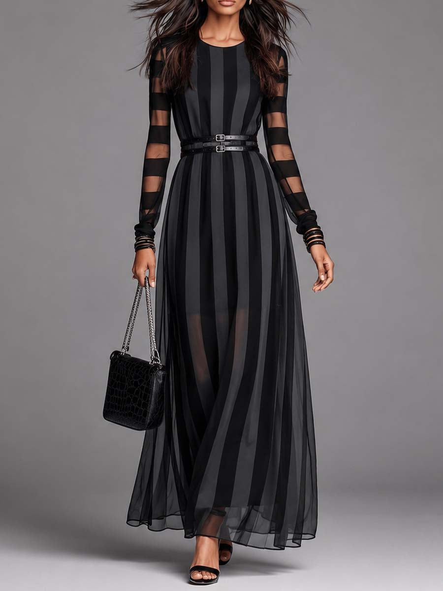 Gothic Striped Mesh Long-Sleeve Maxi Dress (Belt included)