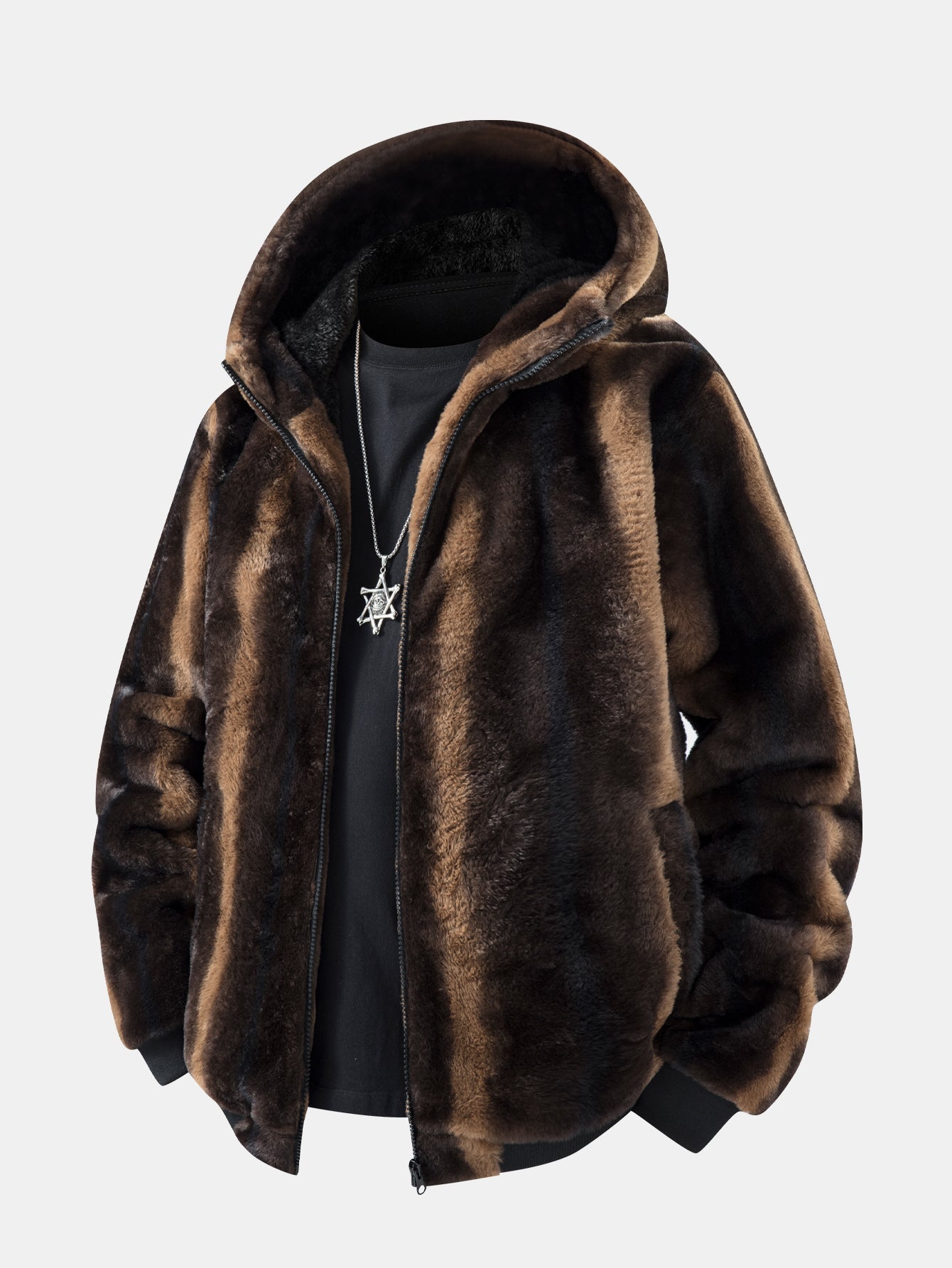 Faux Fur Hooded Jacket with Animal Print