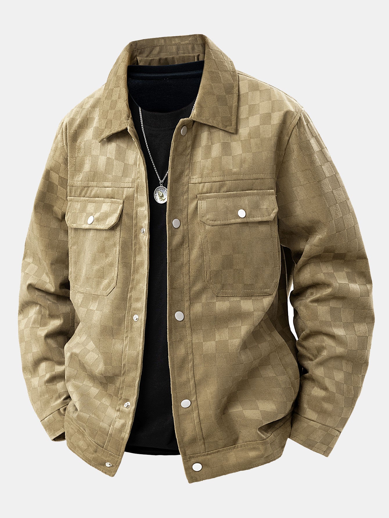 Jacket with Synthetic Suede Pocket and Checkerboard Print