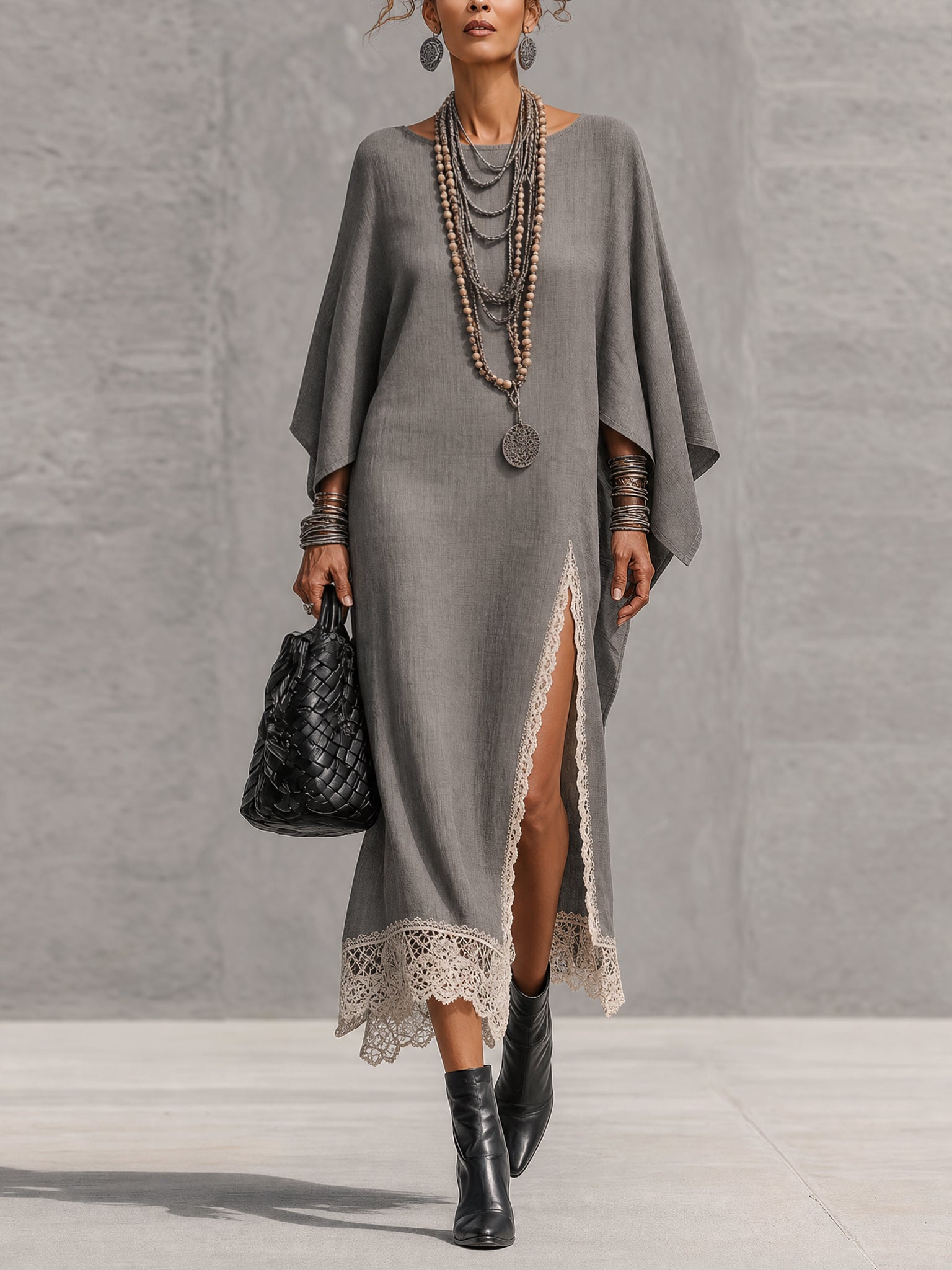 Gray Linen Blend Asymmetrical Sleeve Lace Trim Maxi Dress