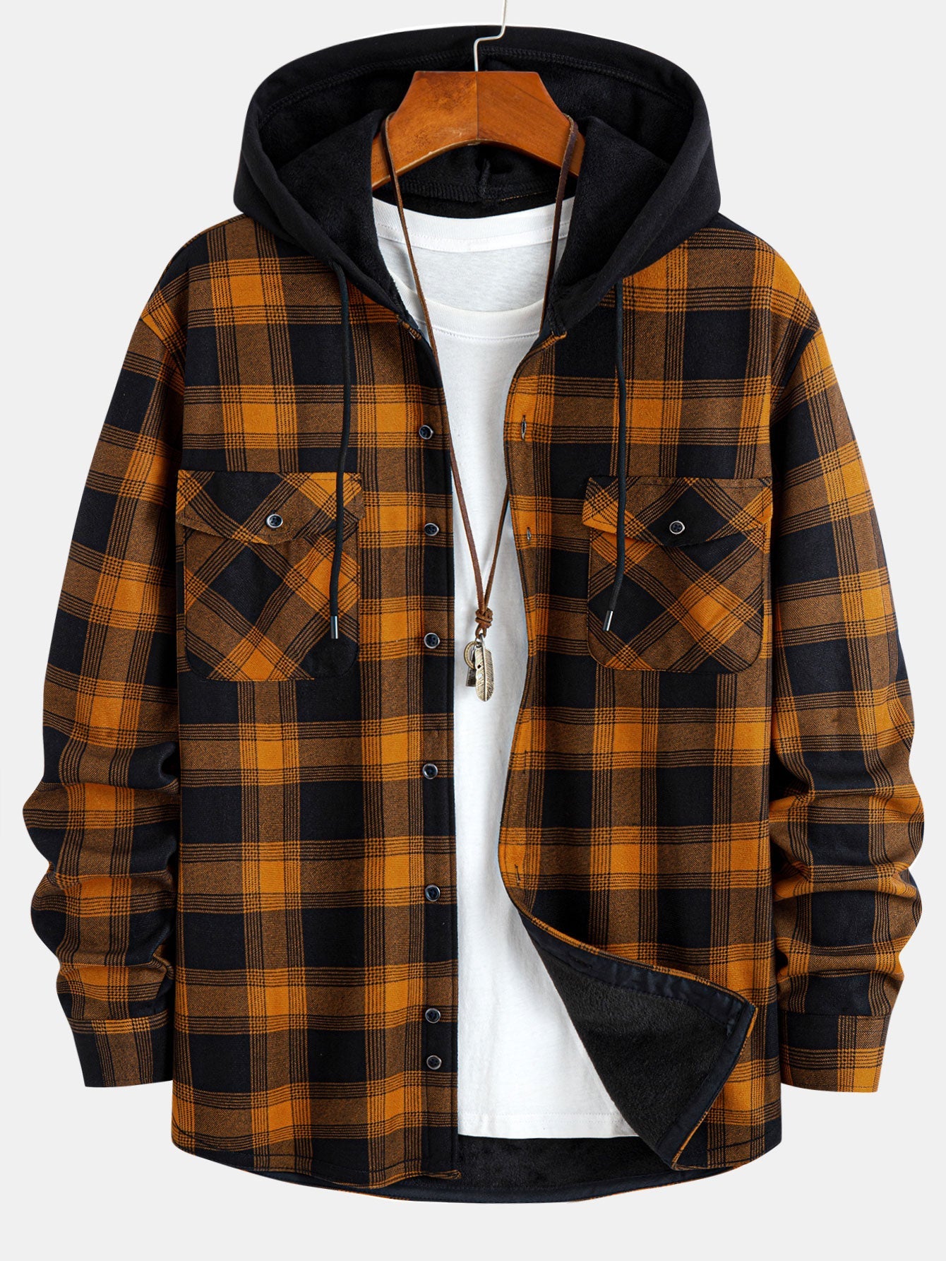Flannel-lined hooded shirt with fleece and pockets