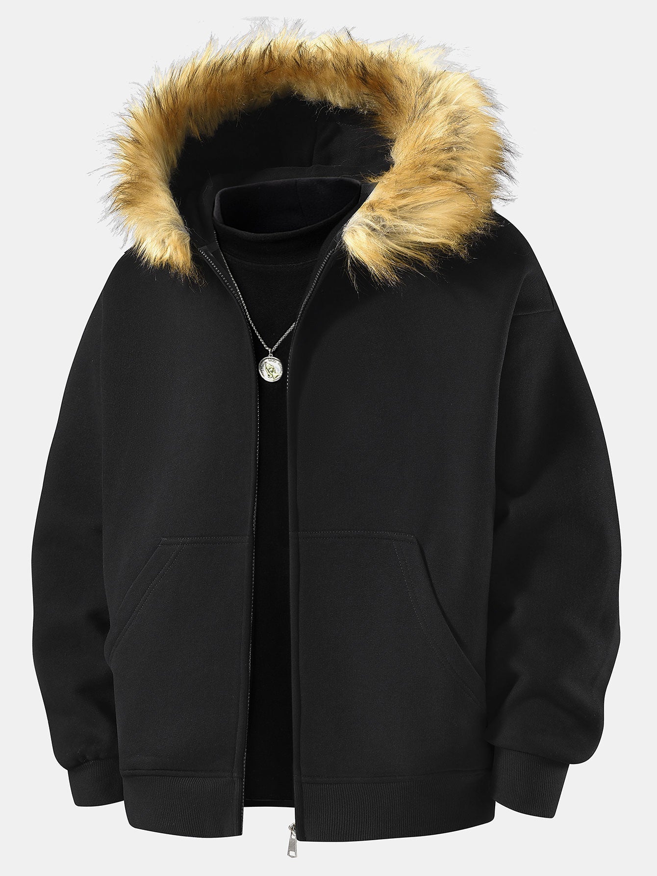 Zip-Up Hoodie with Relaxed Fit and Faux Fur Collar