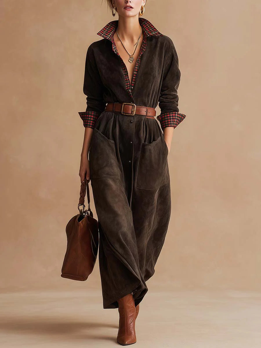 Retro Dark Brown Suede Patchwork Plaid Collared Dress (Includes Belt)