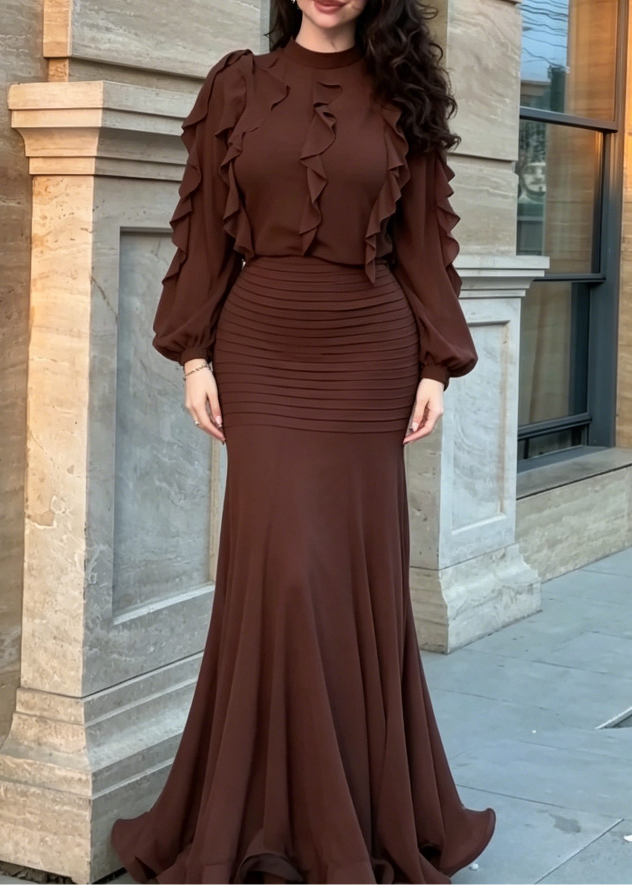 Brown Ruffle Long Sleeve Top & Ribbed Mermaid Maxi Skirt Two-Piece Set