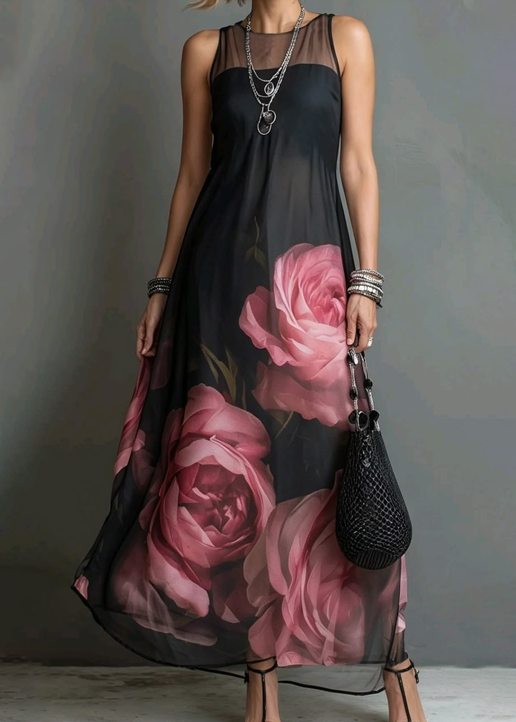 Black Sleeveless Printed Loose Maxi Dress
