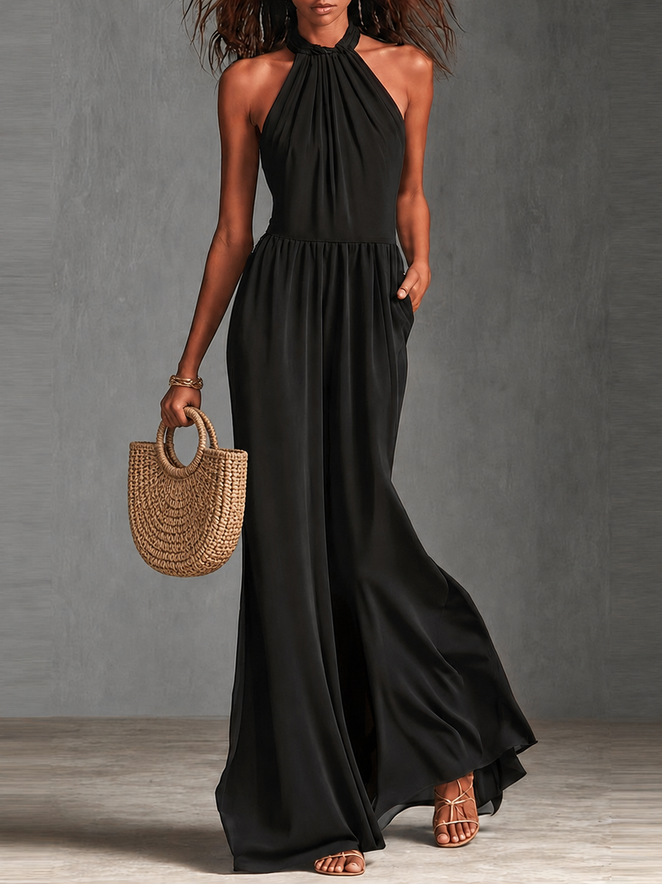 Black Chiffon Halter Jumpsuit High Waist Floor Length Maxi Dress