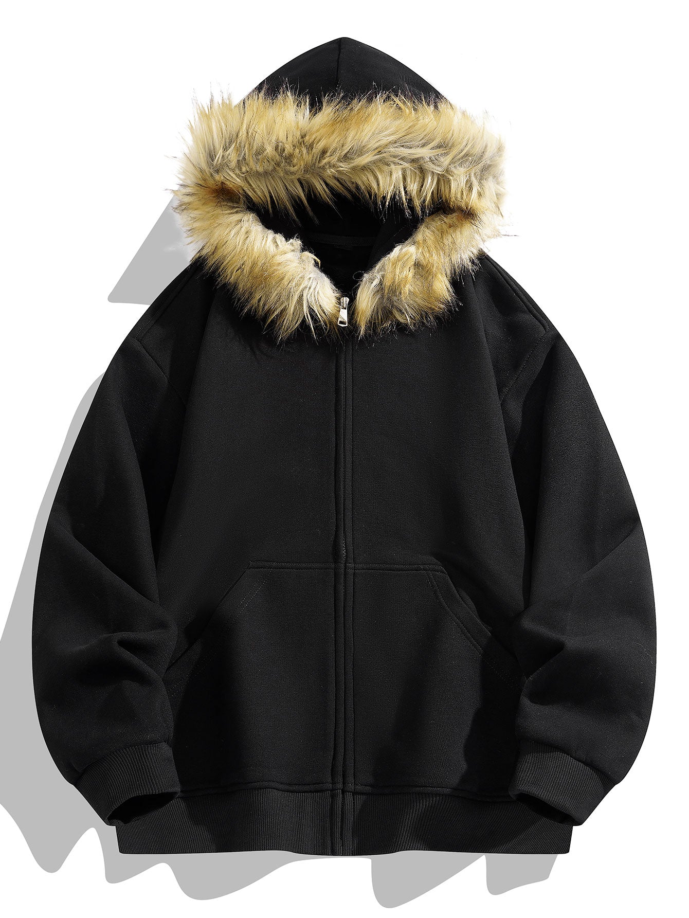 Hooded Zip-Up Sweatshirt with Faux Fur Collar in Relaxed Fit