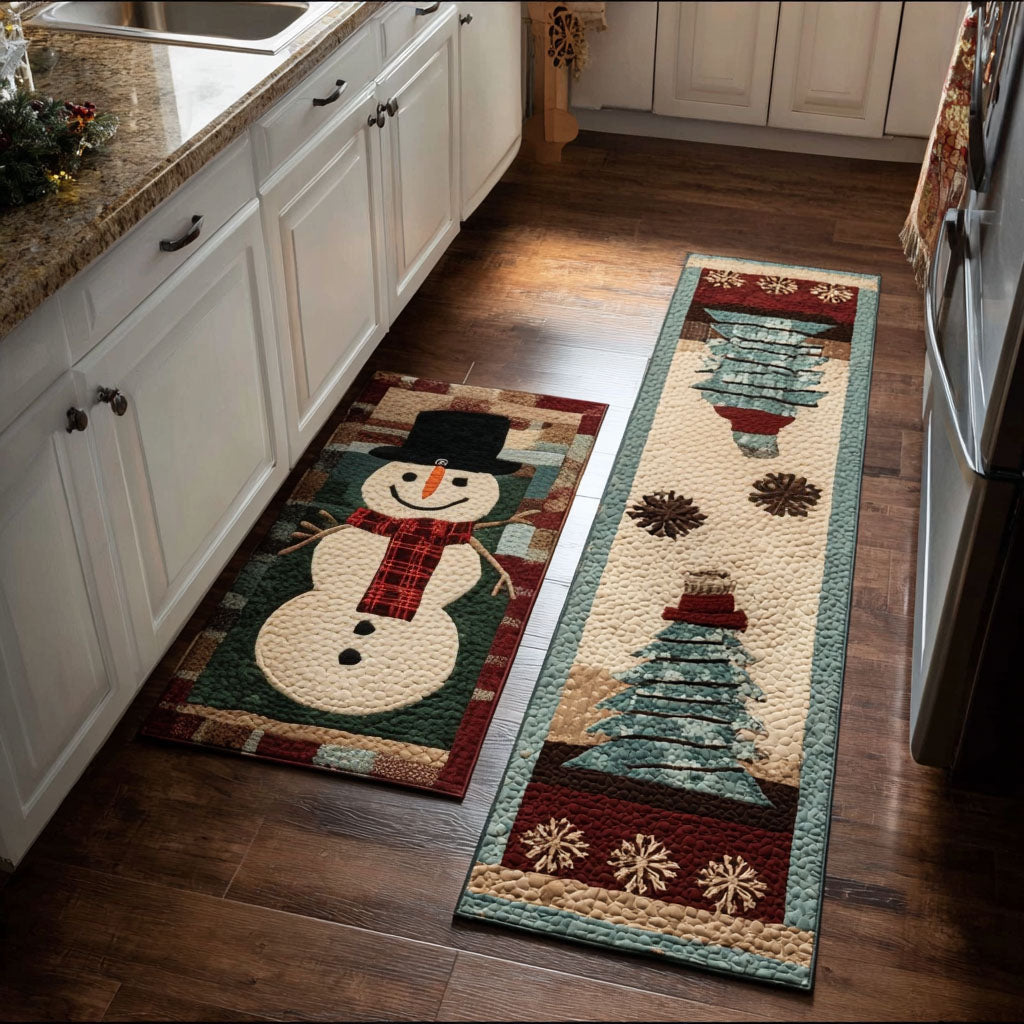 Snowman Plaid Forest Quilted Kitchen Mat Set