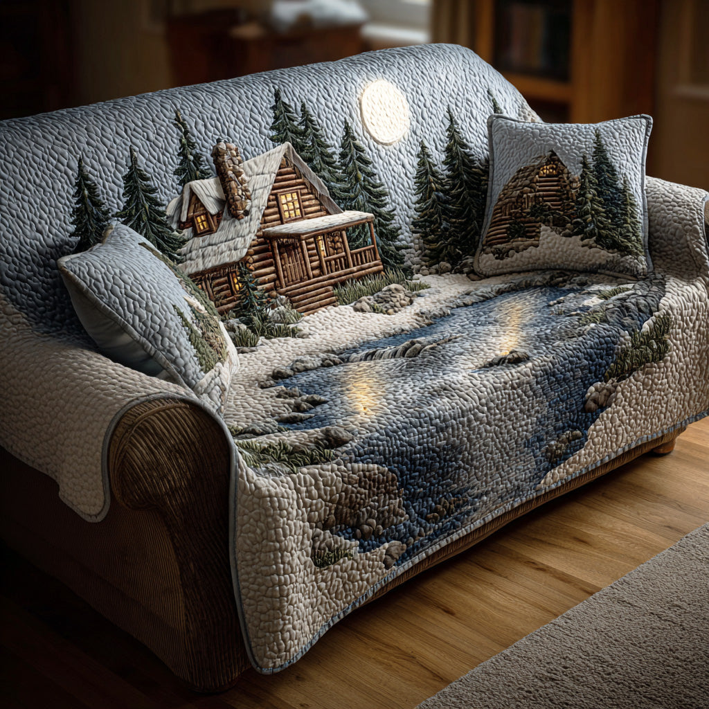 Moonlit Woodland Cabin Quilted Sofa Cover