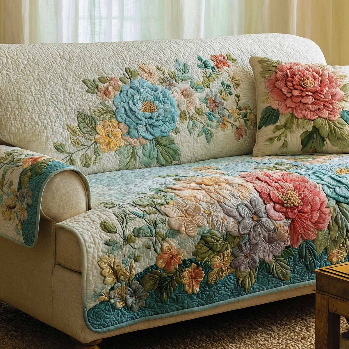 Flowers on Ivory Quilted Sofa Cover