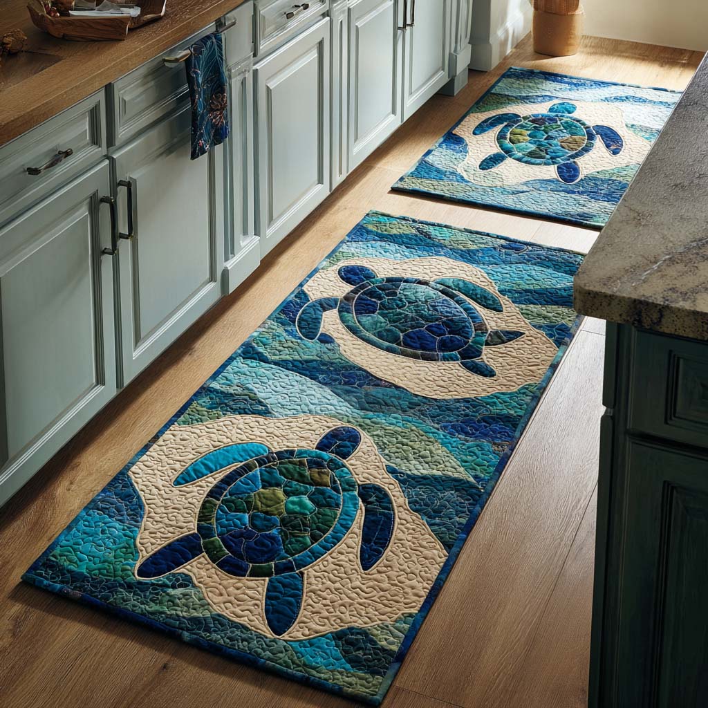 Turquoise Turtle Tide Quilted Kitchen Mat Set