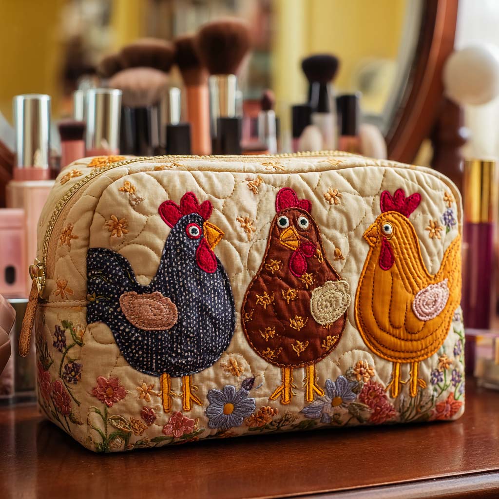 Autumn Chickens and Flowers Quilted Toiletry Bag