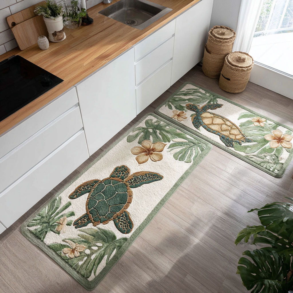 Tropical Turtle Garden Quilted Kitchen Mat Set
