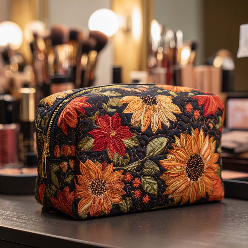 Autumn Flowers on Black Quilted Toiletry Bag