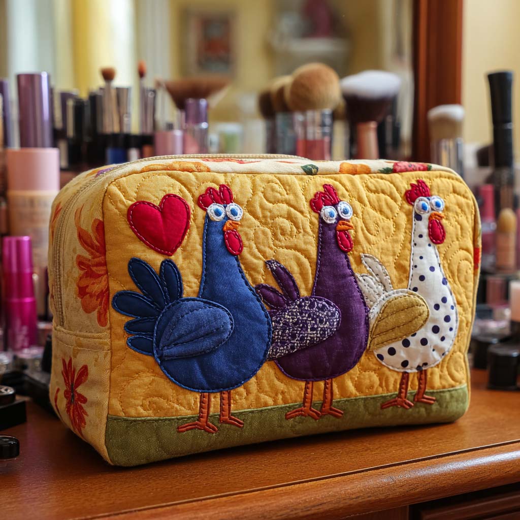 Blue Chicken Hearts Quilted Toiletry Bag