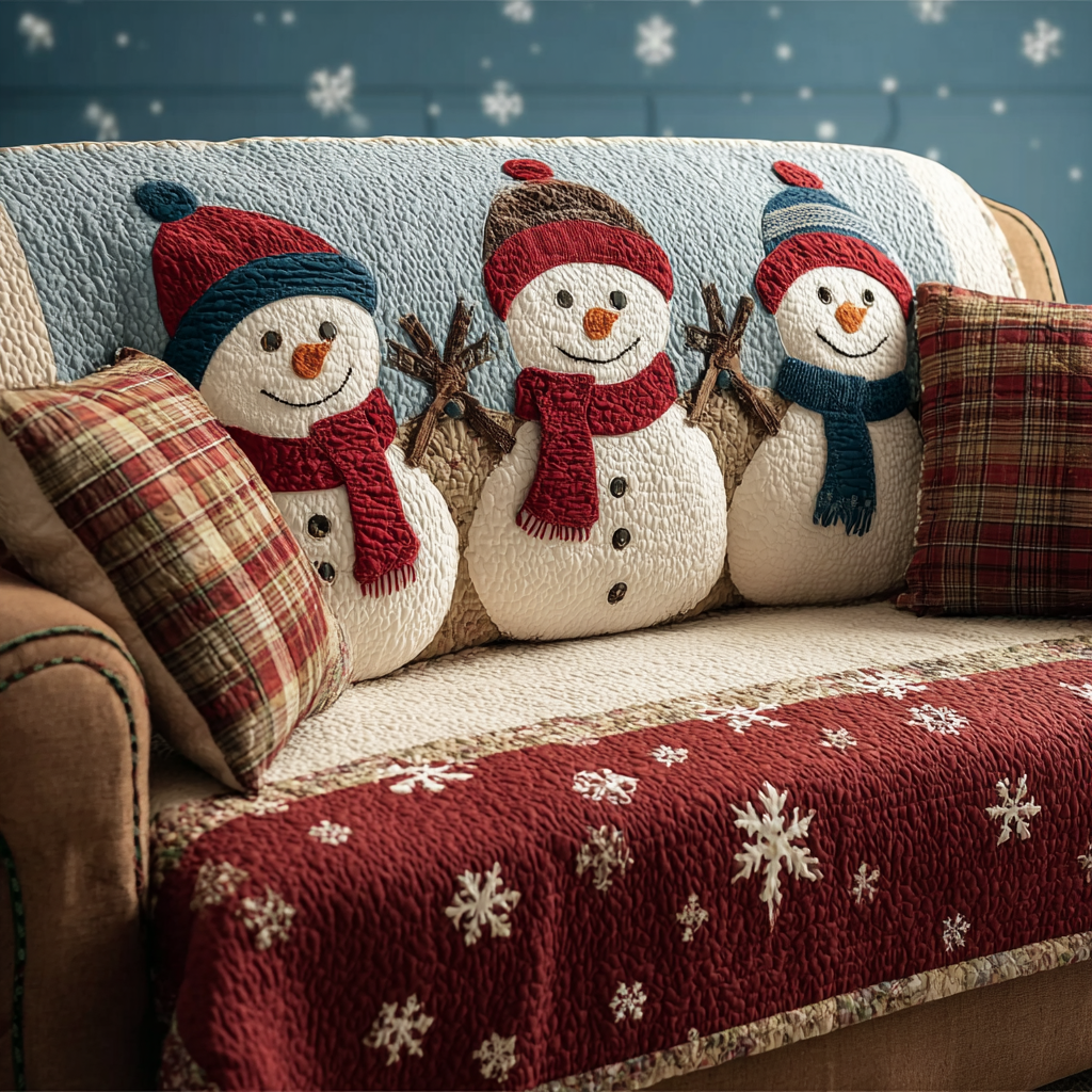 Smiling Snowmen Quilted Sofa Cover