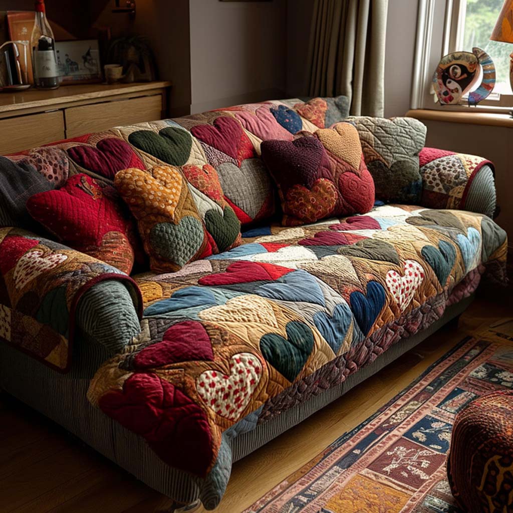 Romantic Patchwork Hearts Quilted Sofa Cover