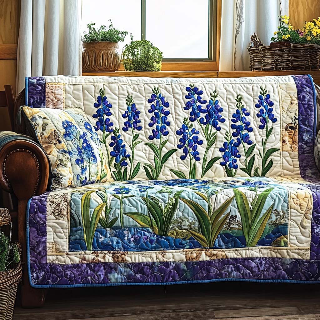 Blue Meadow Flowers Quilted Sofa Cover