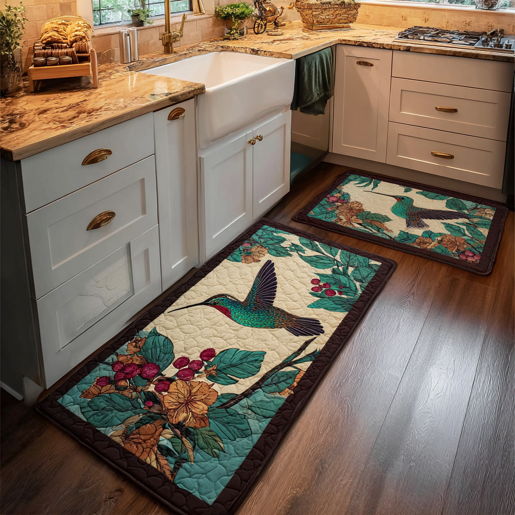 Hummingbirds with Autumn Flowers Quilted Kitchen Mat Set