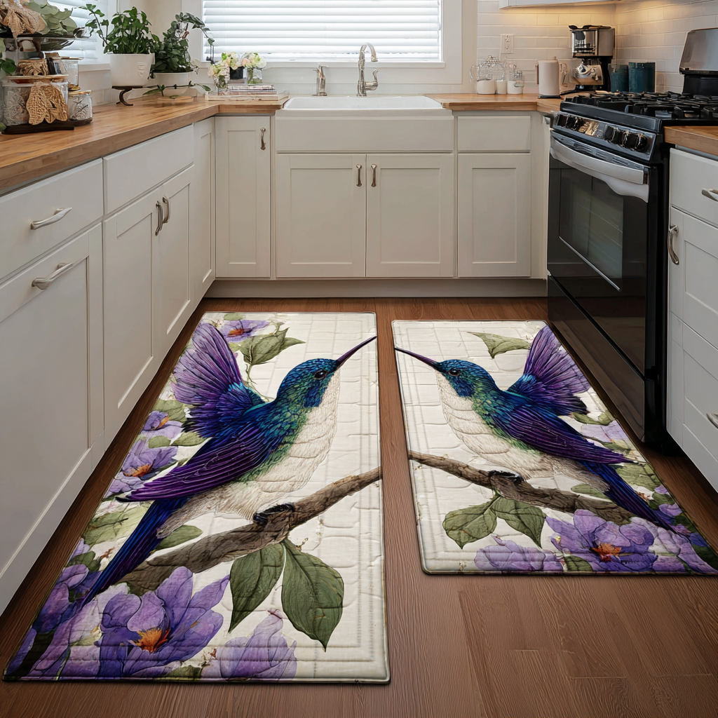 Purple Wing Hummingbirds Quilted Kitchen Mat Set