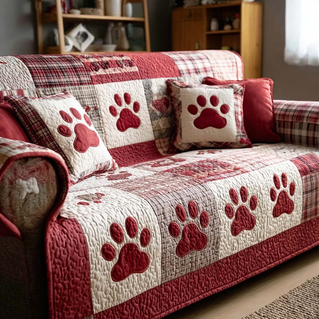 Scarlet Paw Plaid Quilted Sofa Cover