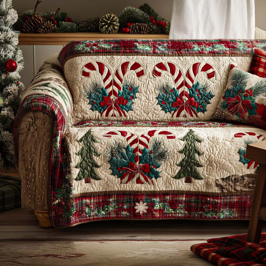 Festive Candy Canes Quilted Sofa Cover