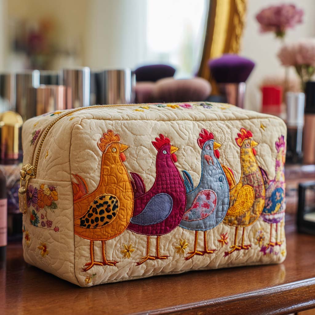 Flower Garden Chickens Quilted Toiletry Bag