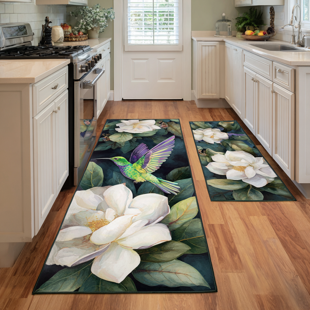 Hummingbirds among White Magnolias Quilted Kitchen Mat Set