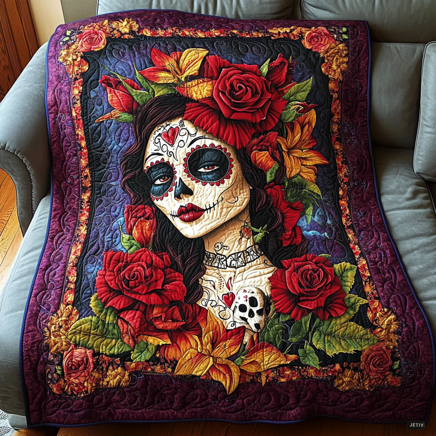 Mystical Floral Skull Quilted Blanket