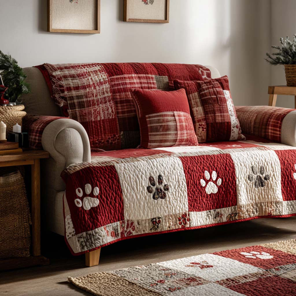 Festive Red Paw Prints Quilted Sofa Cover