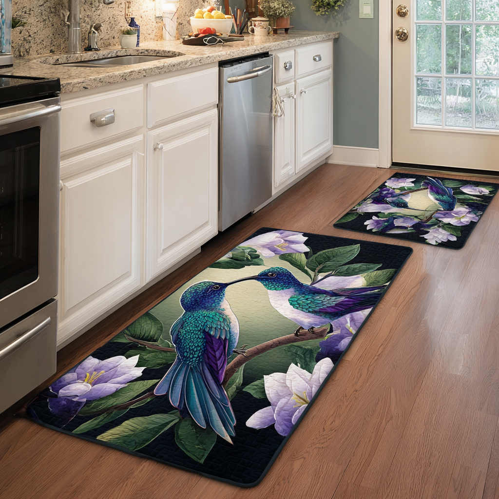Lilac Hummingbirds Quilted Kitchen Mat Set