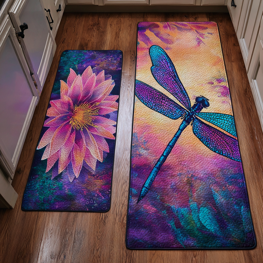 Sunset Dragonfly Quilted Kitchen Mat Set