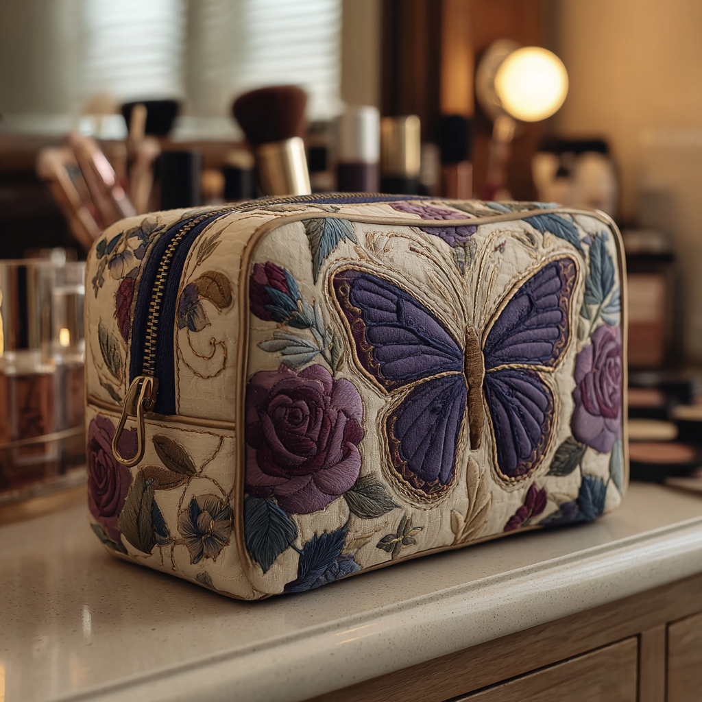 Violet Butterfly Garden Quilted Toiletry Bag