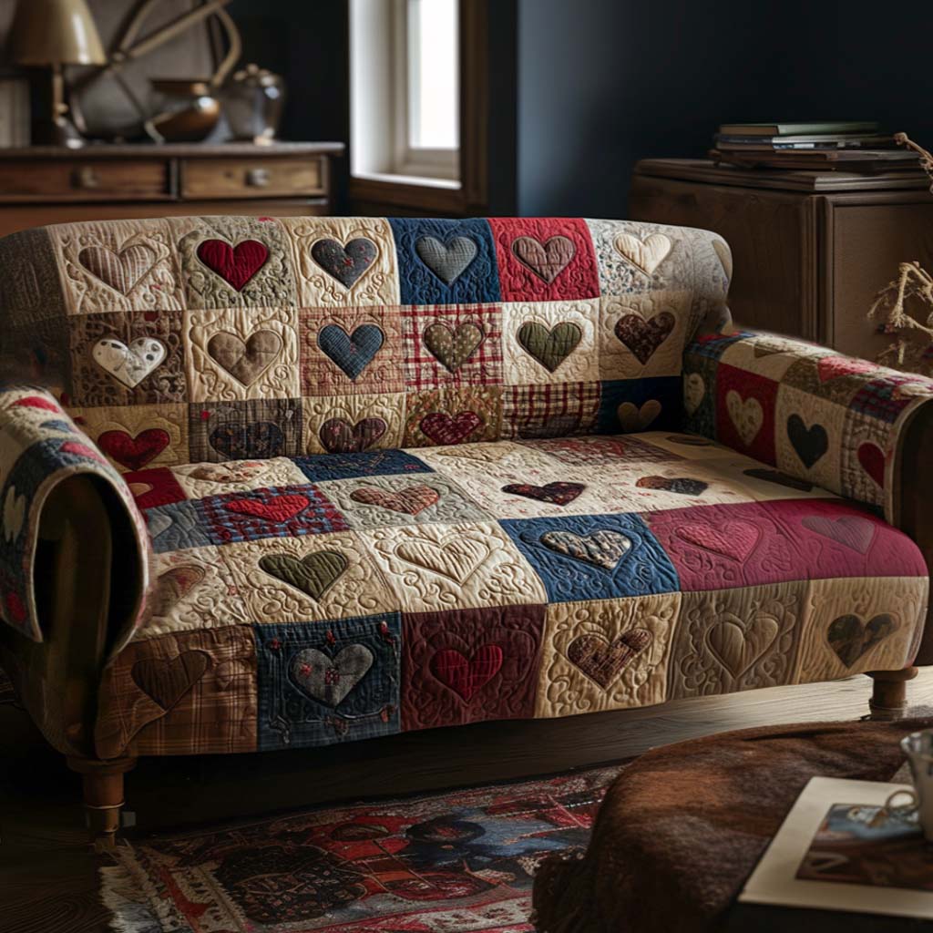 Warm Patchwork Hearts Quilted Sofa Cover