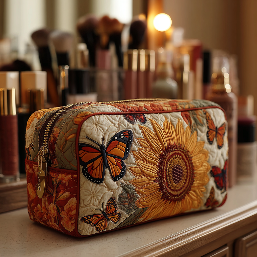 Orange Butterflies and Sunflowers Quilted Toiletry Bag
