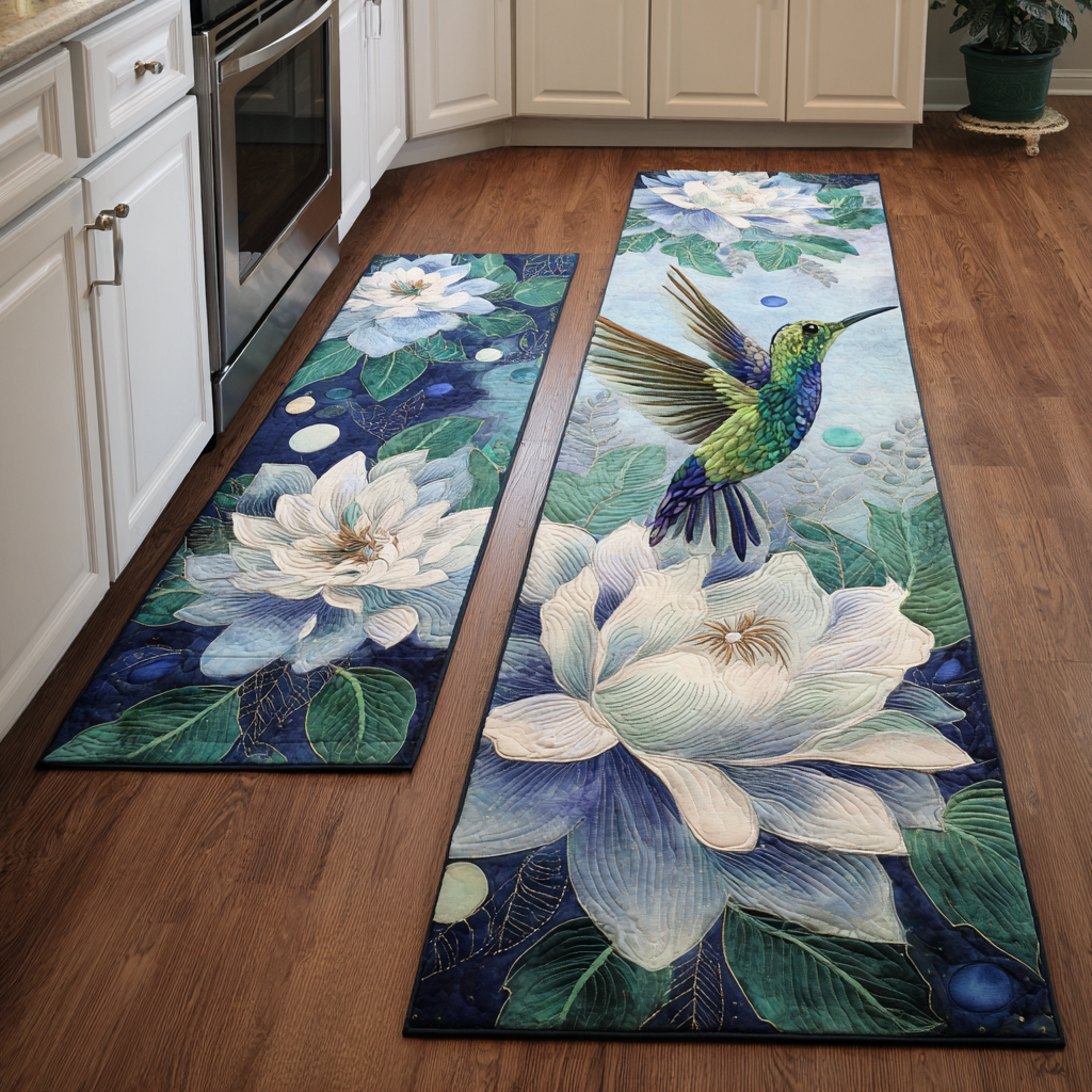 Hummingbirds with White Blossoms Quilted Kitchen Mat Set