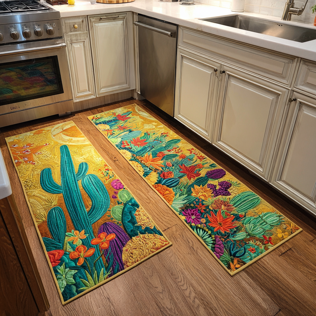 Desert Flowers on Gold Quilted Kitchen Mat Set
